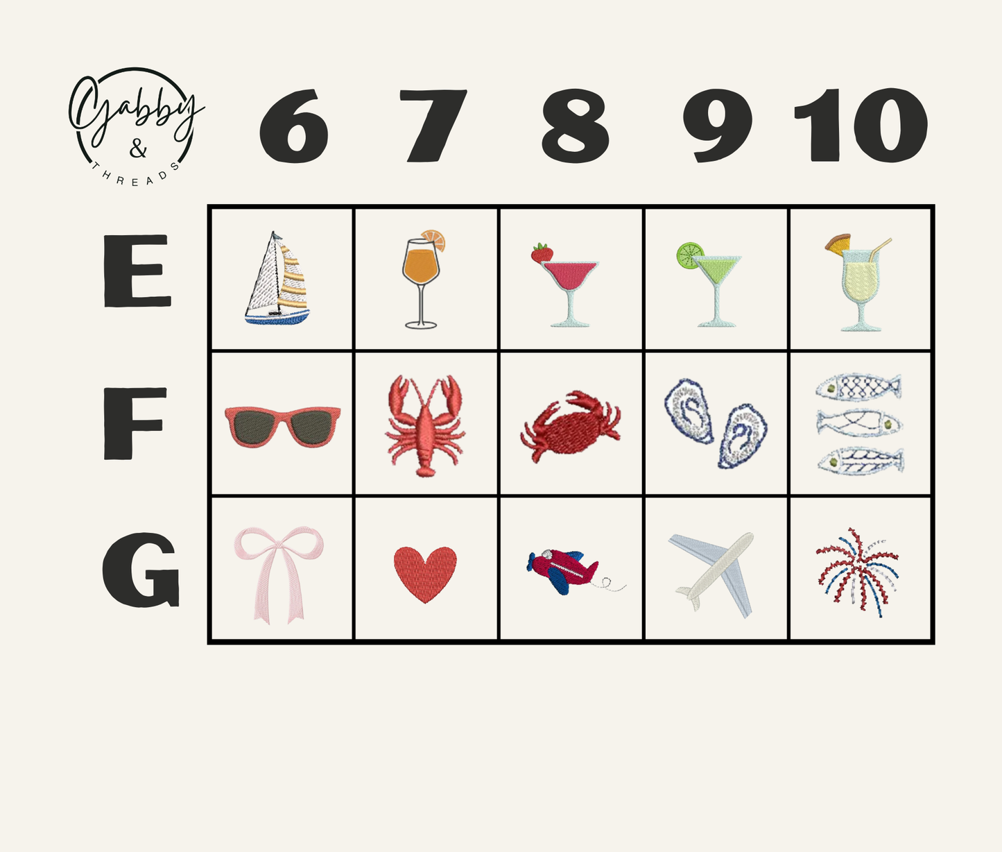 Grid with beach themed embroidered icons