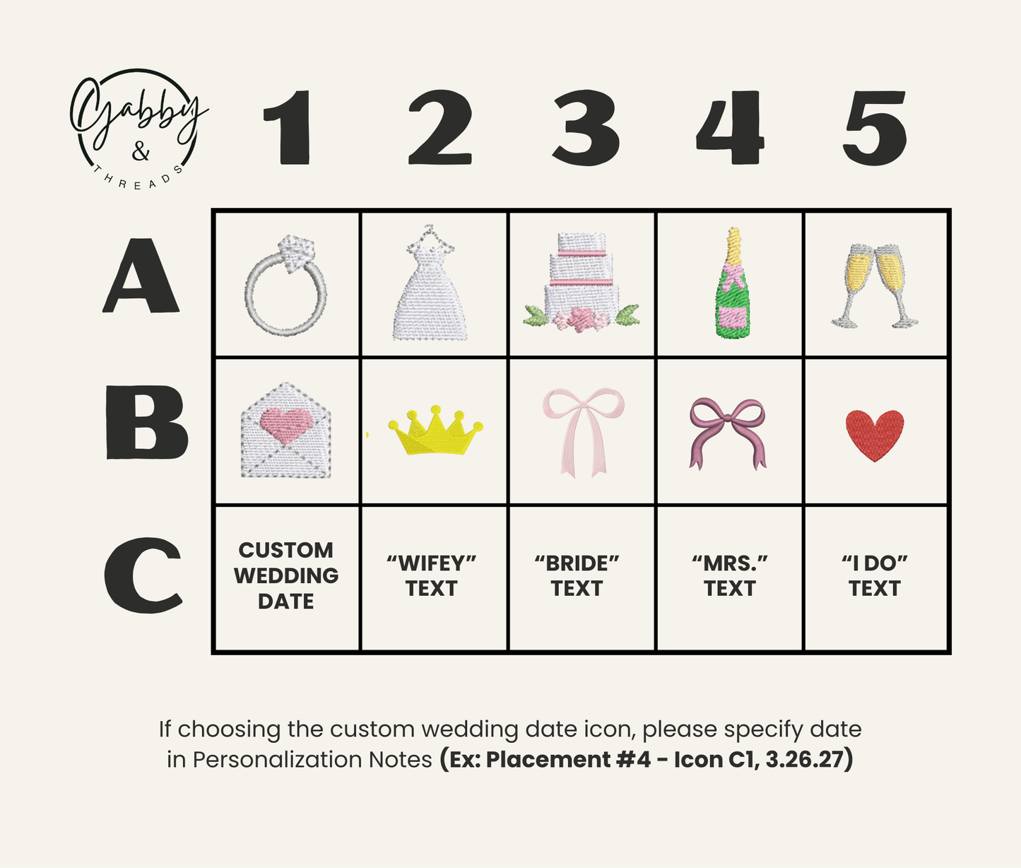 Grid with different wedding and bride themed embroidered icons for tote bag