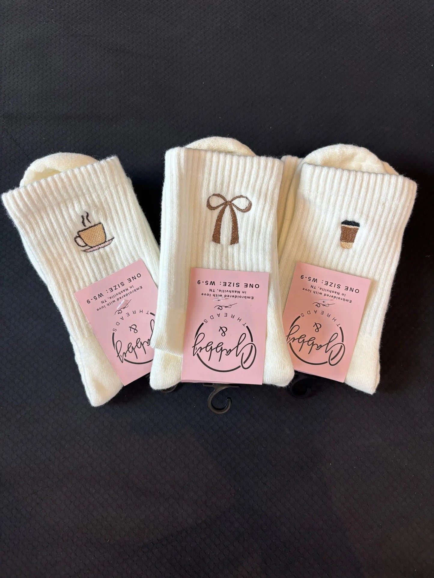 coffee cup grip socks, coquette bow grip socks, to-go-latte grip socks