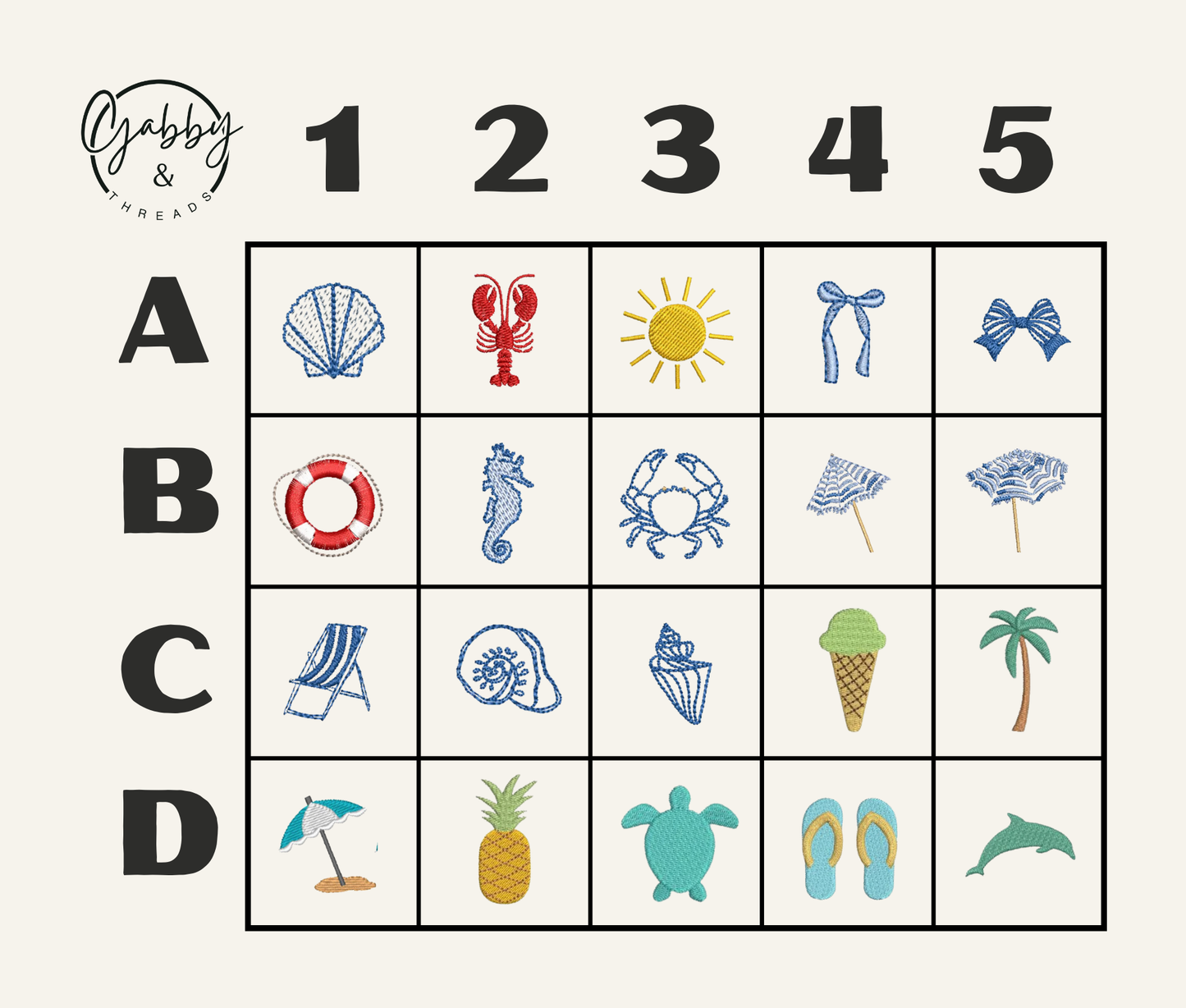 Grid with beach themed embroidered icons