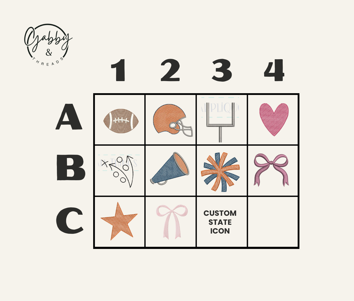Grid with various icons and letters on a white background, featuring sports-themed designs