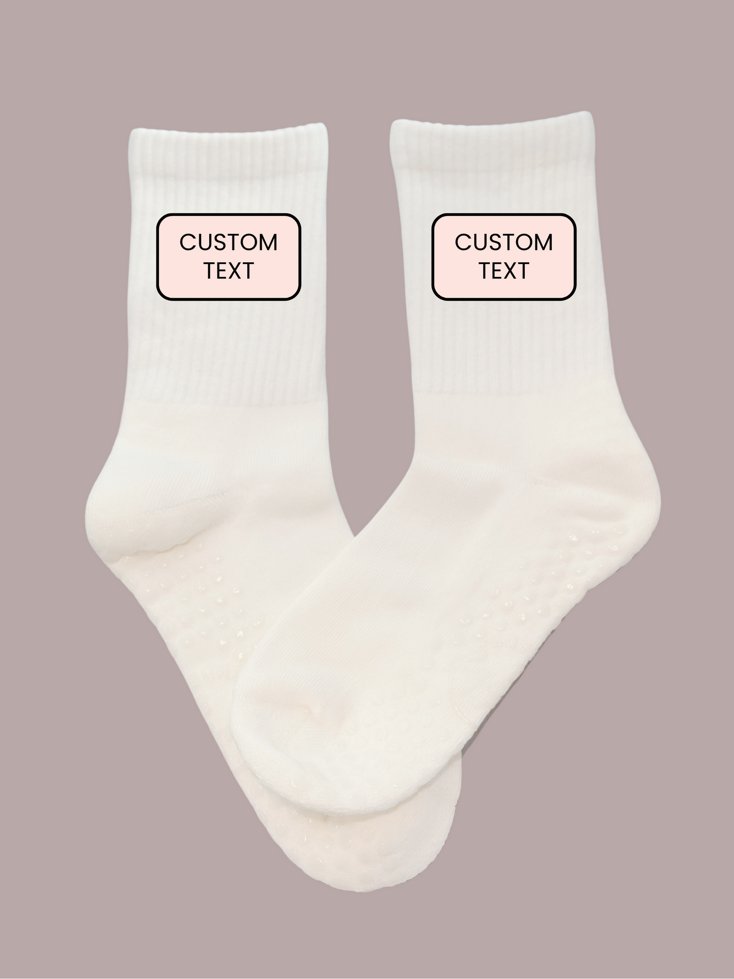 White grip socks with 'Custom Text' labels on a beige background
