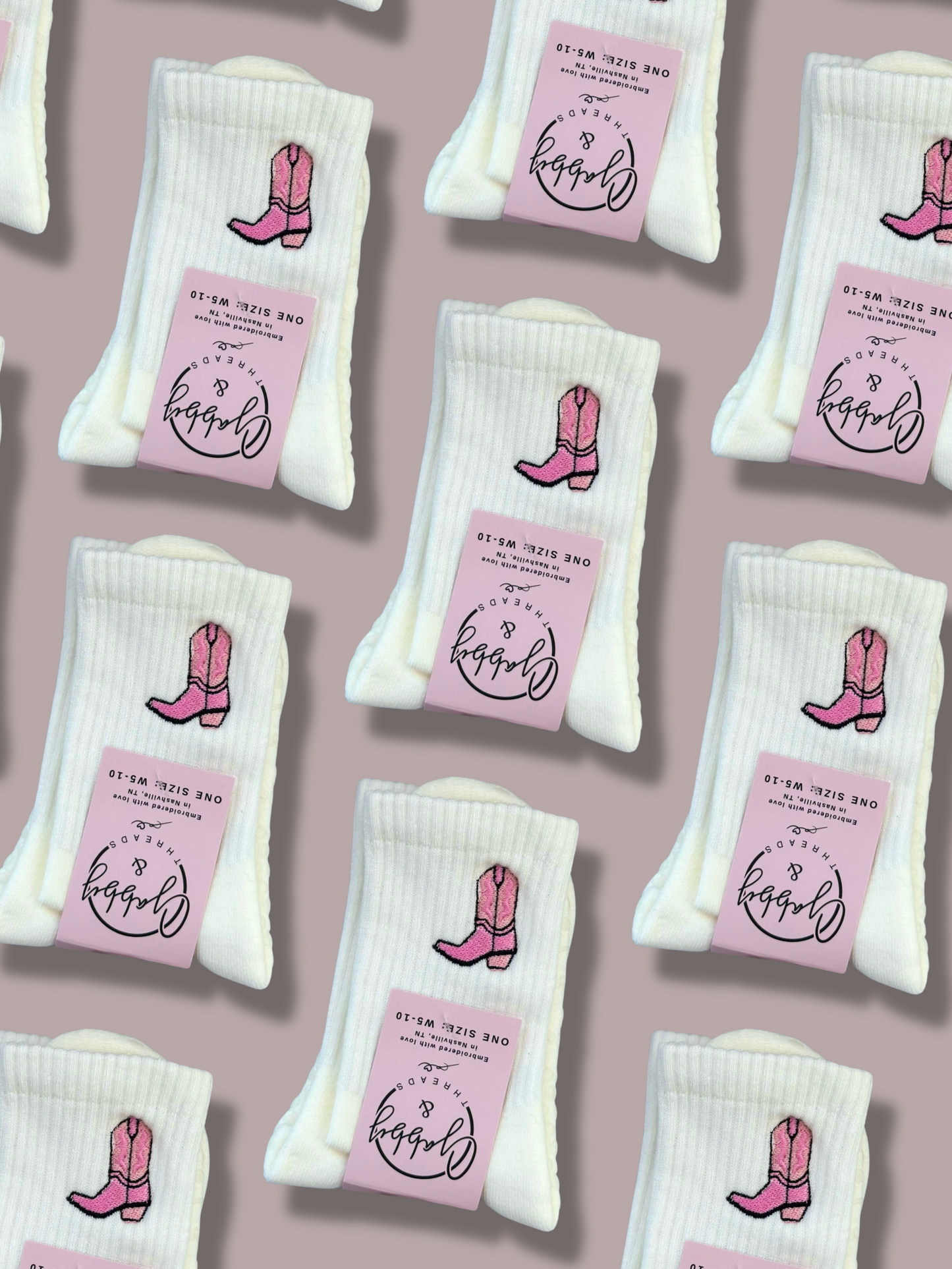 White socks with pink cowboy boot embroidery