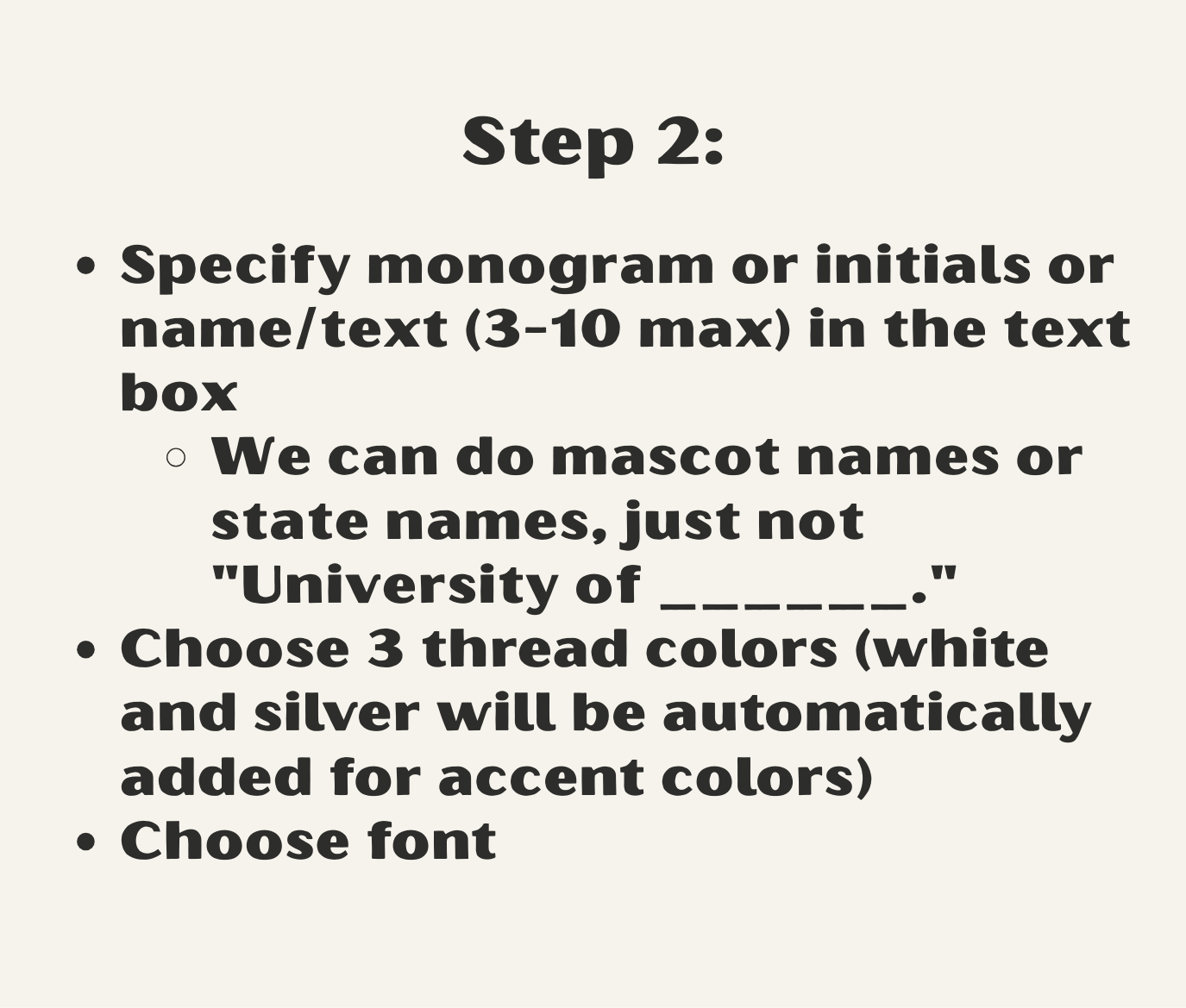Text instructions for specifying monogram, initials, or name/text with thread color choices on a neutral background