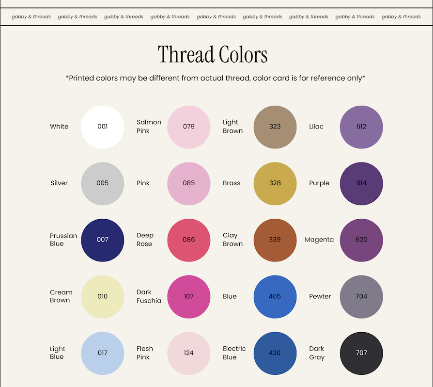 Color swatch chart for thread colors with text indicating printed colors may differ.
