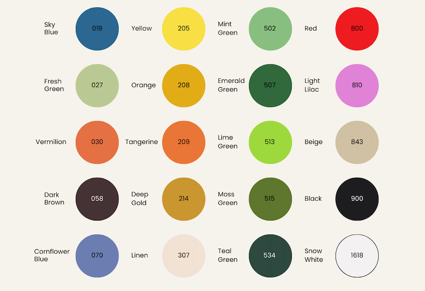Color swatch chart with various color names and their corresponding hex codes on a neutral background