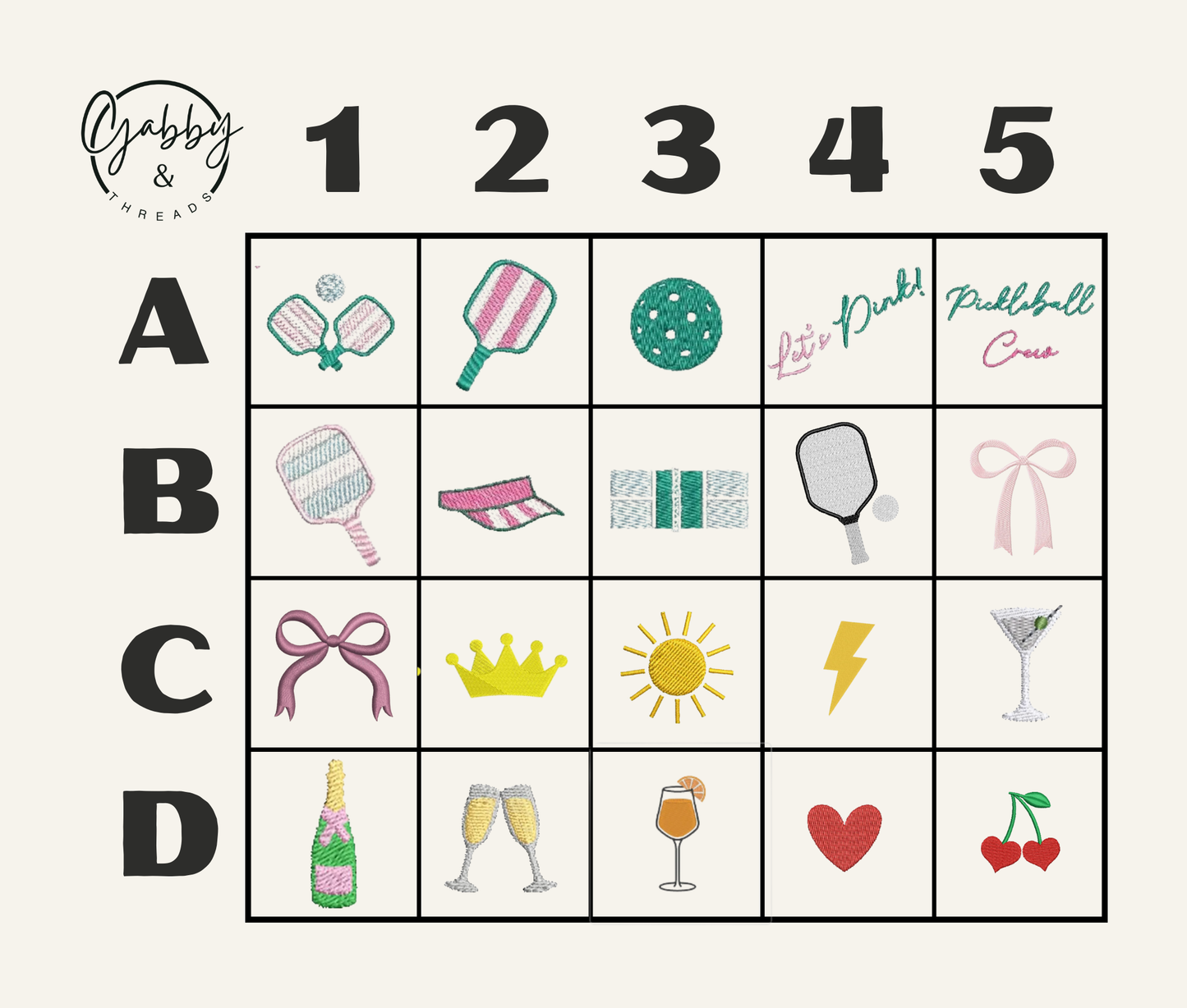 Pickleball themed icons on chart with various icons and letters on a neutral background