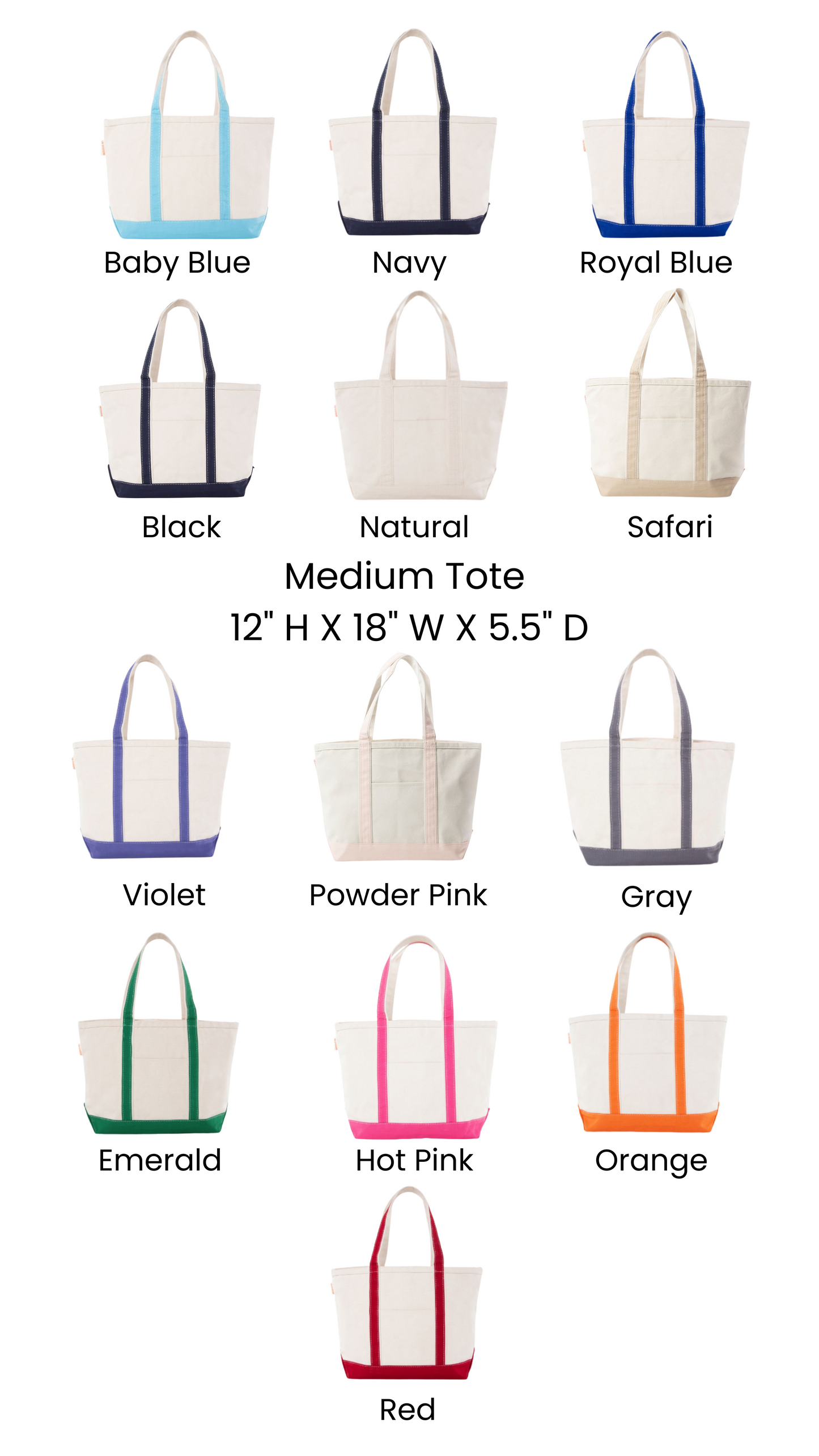 Collection of medium tote bags in various colors with dimensions and color names displayed