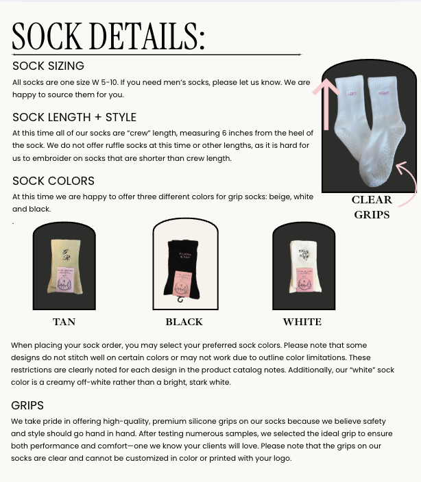 Sock details including sizing, length, style, colors, and grips on a white background.