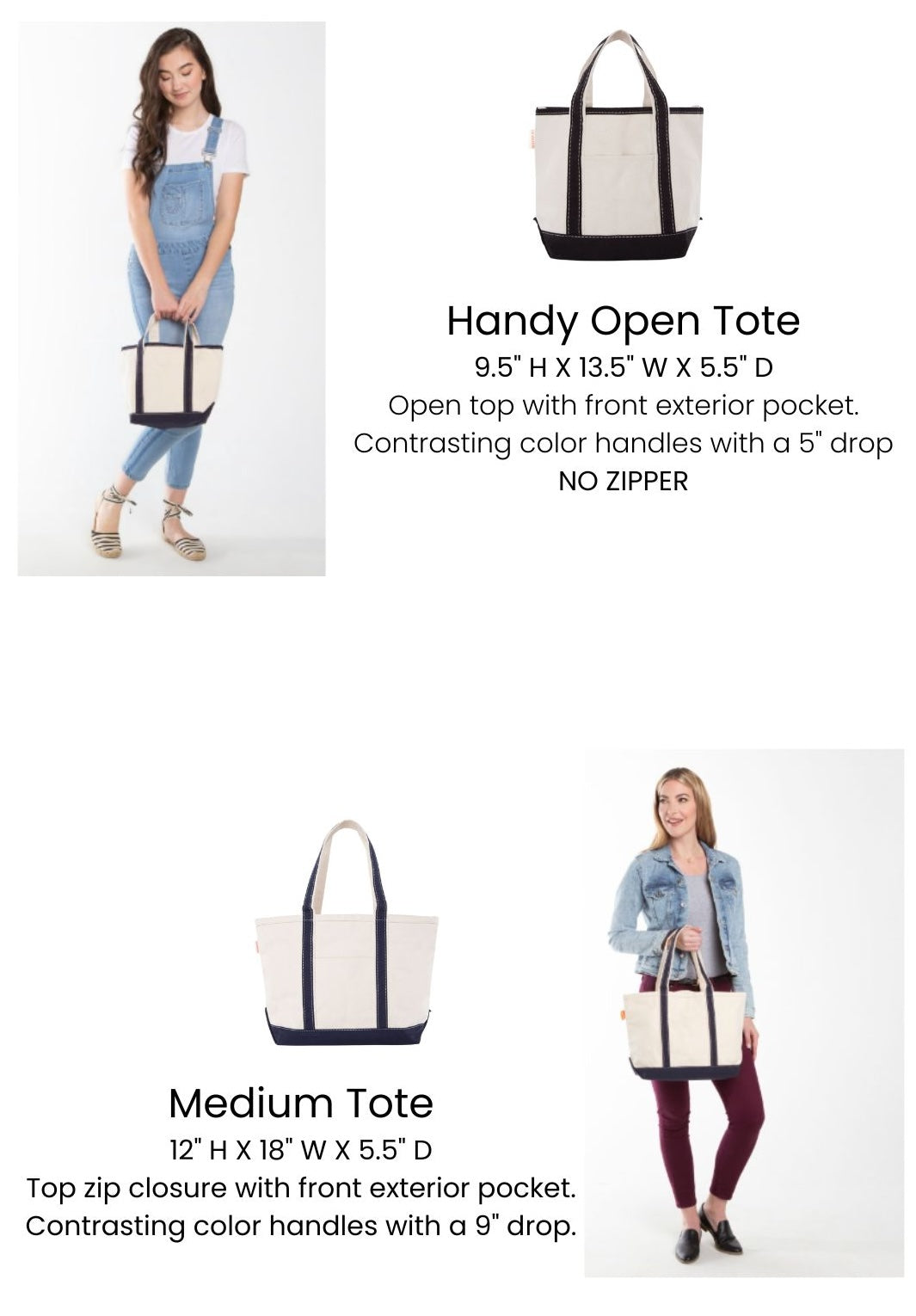 Handy Open Tote and Medium Tote with product details and images of people using them