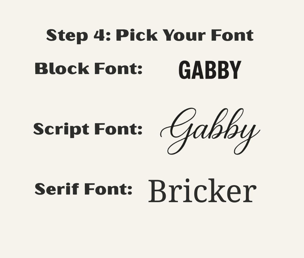 Comparison of block, script, and serif fonts with examples labeled 'Gabby', 'Bricker'