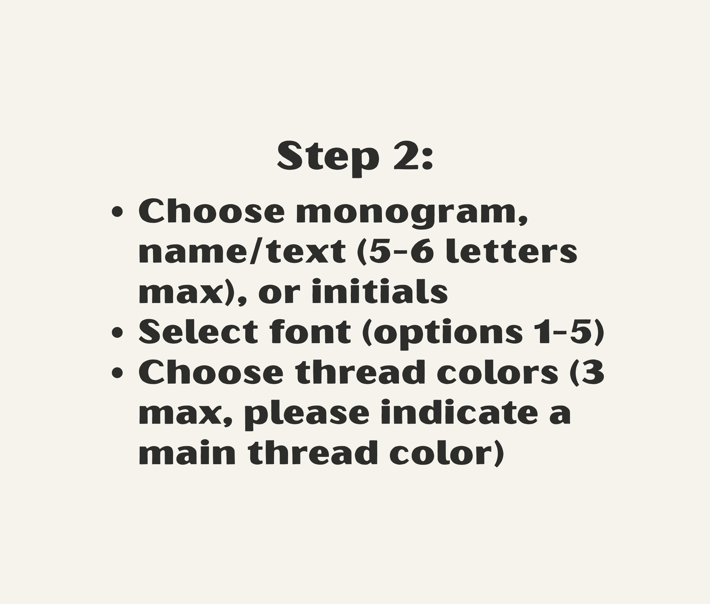 Text instructions for monogram or name/text selection with font and thread color selection information on a neutral background