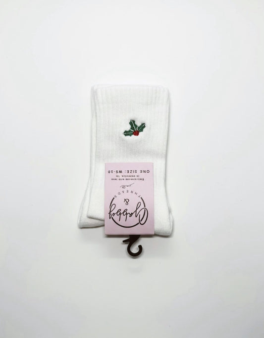 GRIP SOCKS - Holly Sprig Embroidered| Cozy Christmas Gift | Non-Slip Holiday Socks for Pilates, Yoga, Barre, Lagree