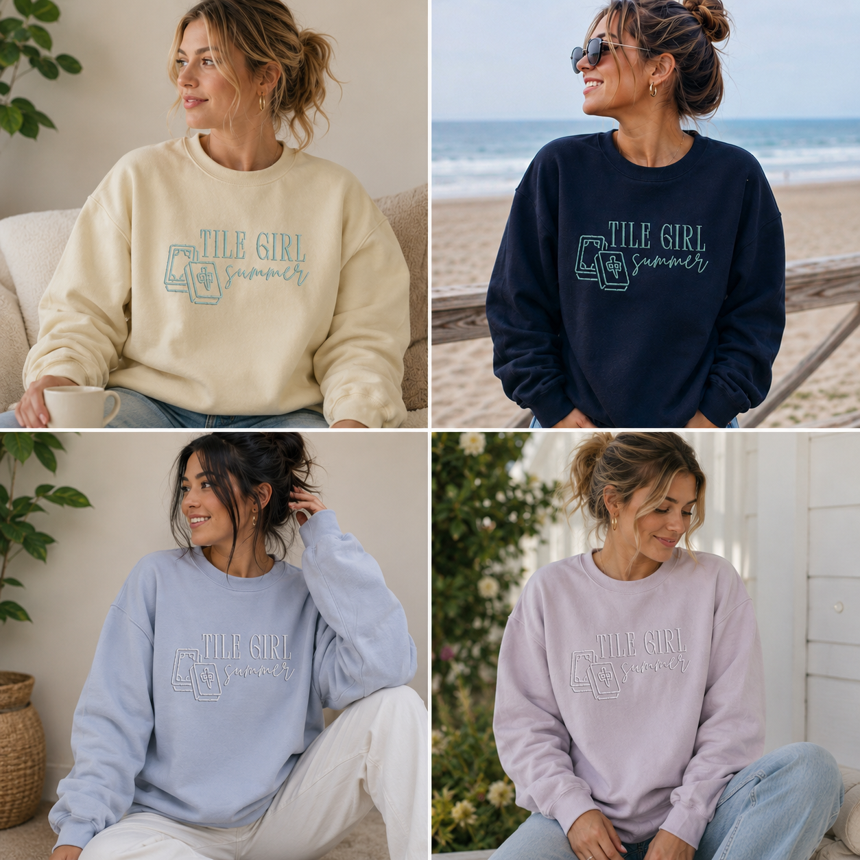 A four-panel collage showing a woman wearing the same sweatshirt in four different colorways: cream, navy, light blue, and light purple. Each panel shows her in a real environment, wearing sunglasses, with the sweatshirt featuring the text 'TILE GIRL summer' and a geometric tile graphic.