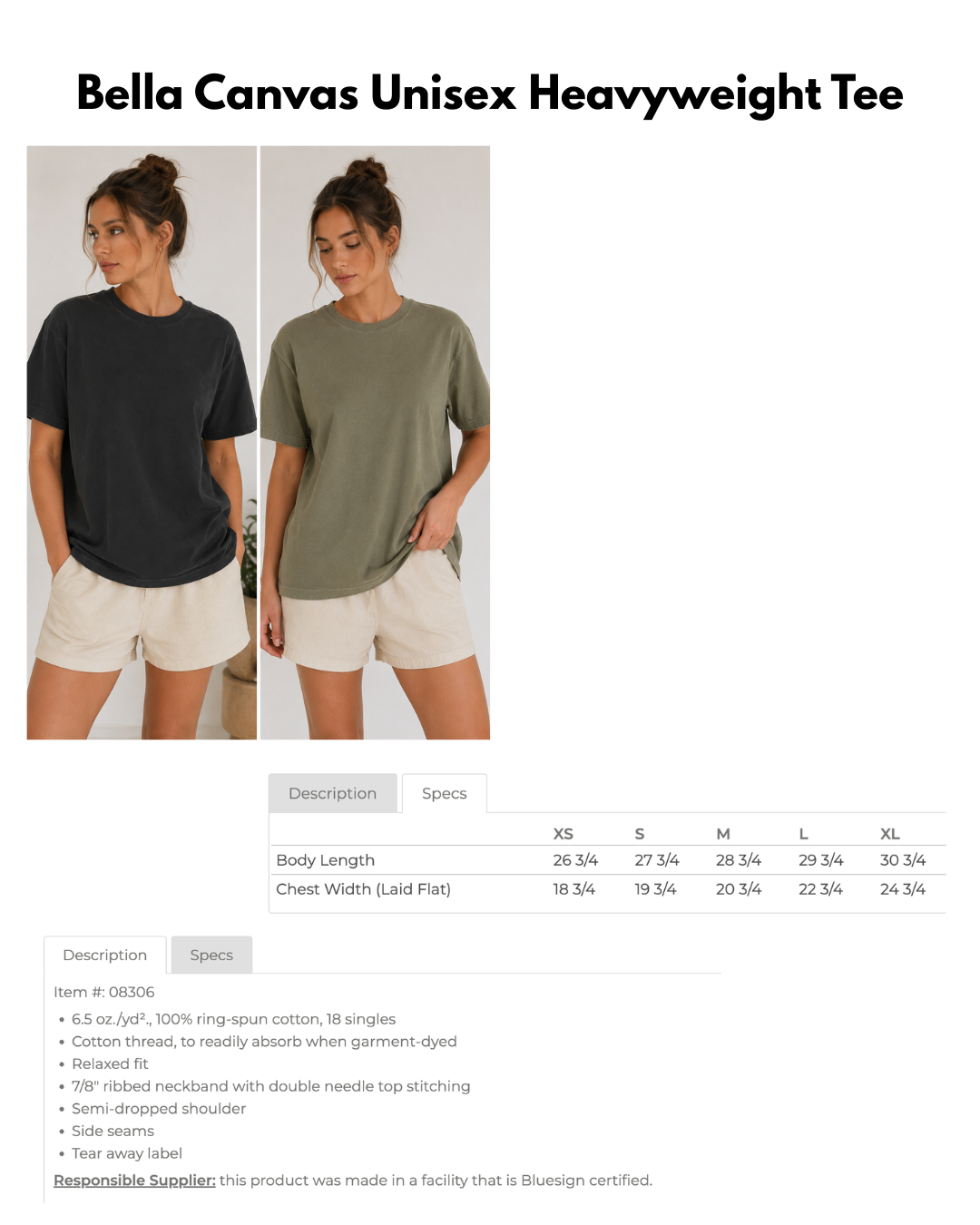 Two people wearing Bella Canvas unisex heavyweight tees with size chart and product details.