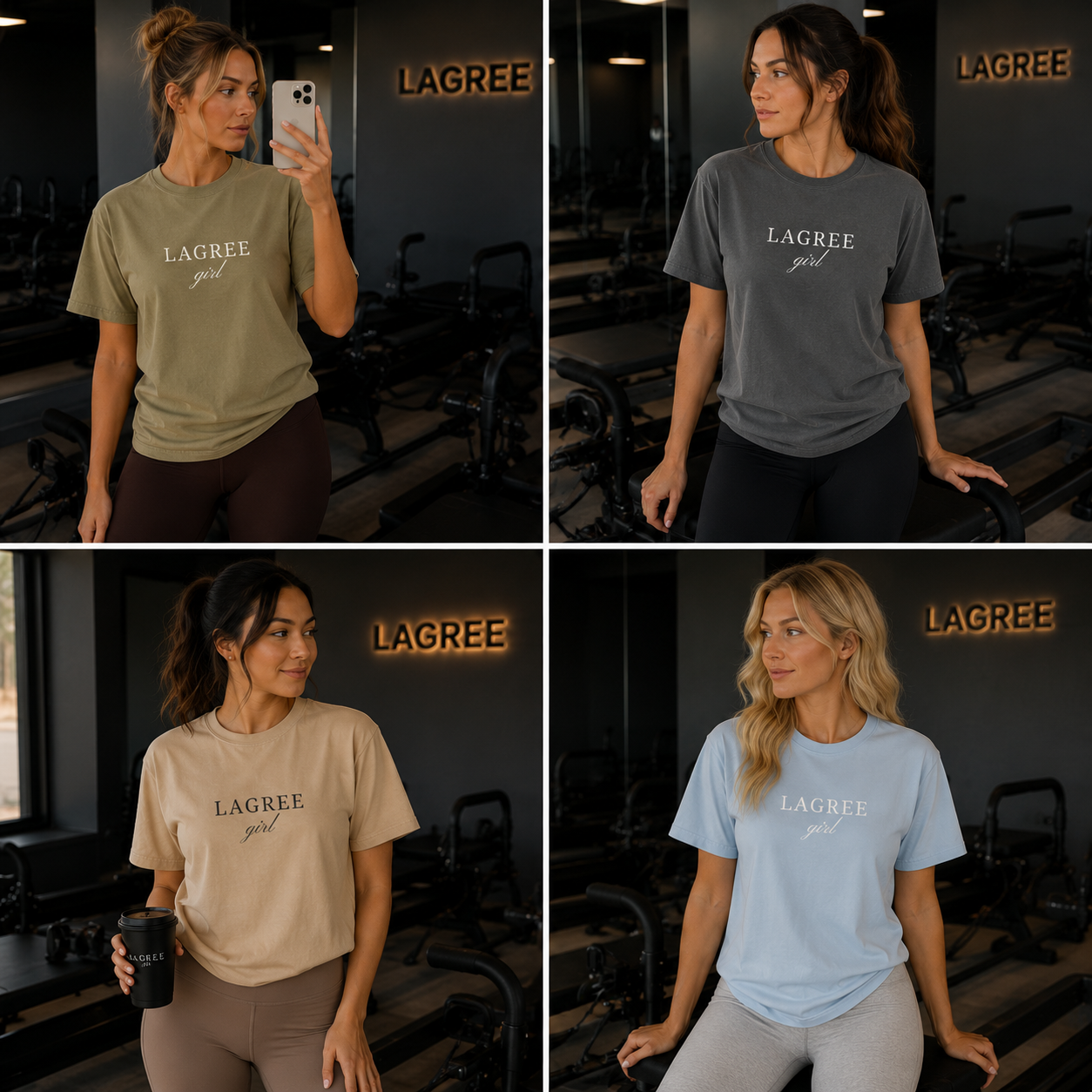 Four images of a woman wearing an embroidered 'LACREE' t-shirt in different colors in a gym setting.