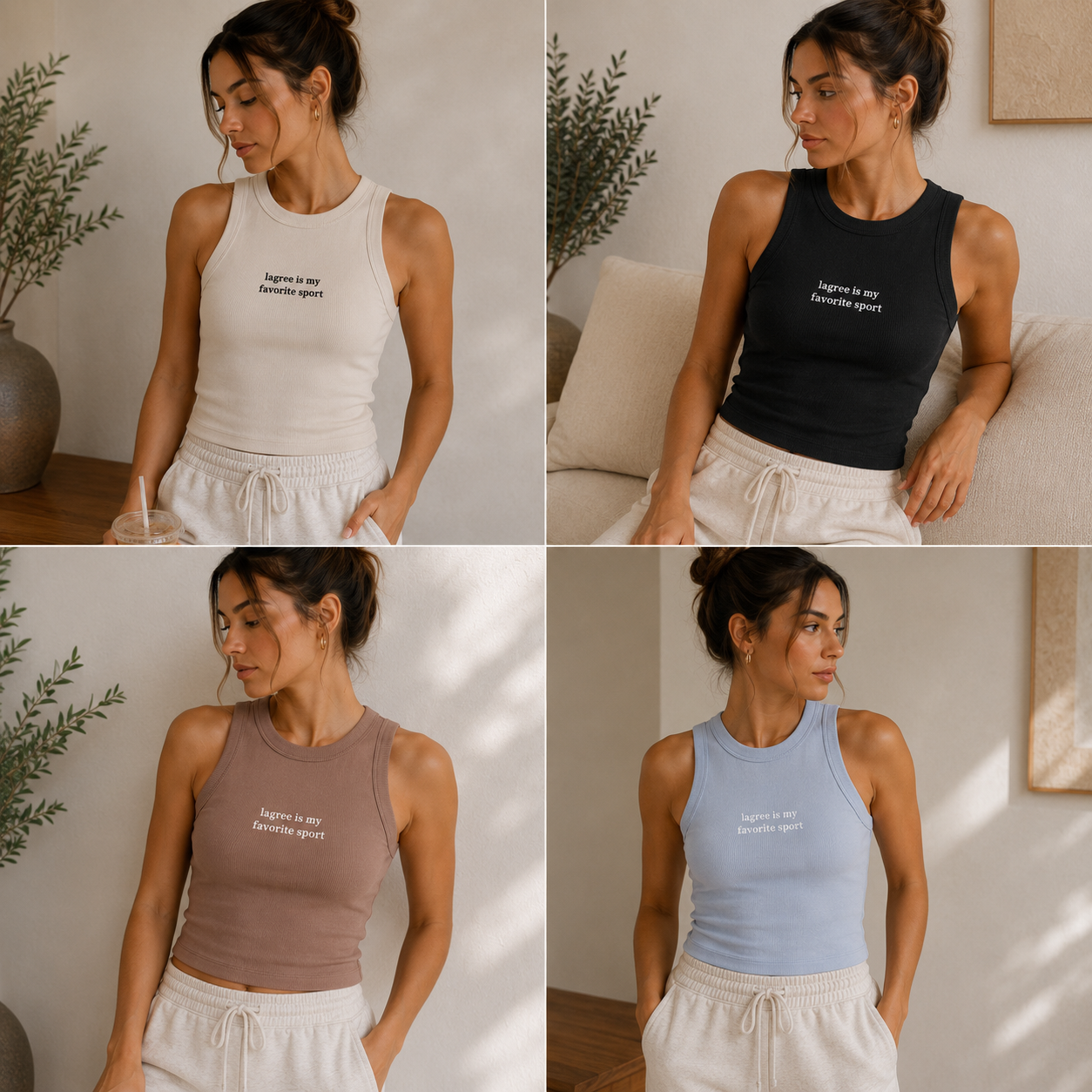 Woman wearing different colored tank tops with text in a home setting. The tanks are embroidered with the words "lagree is my favorite sport"