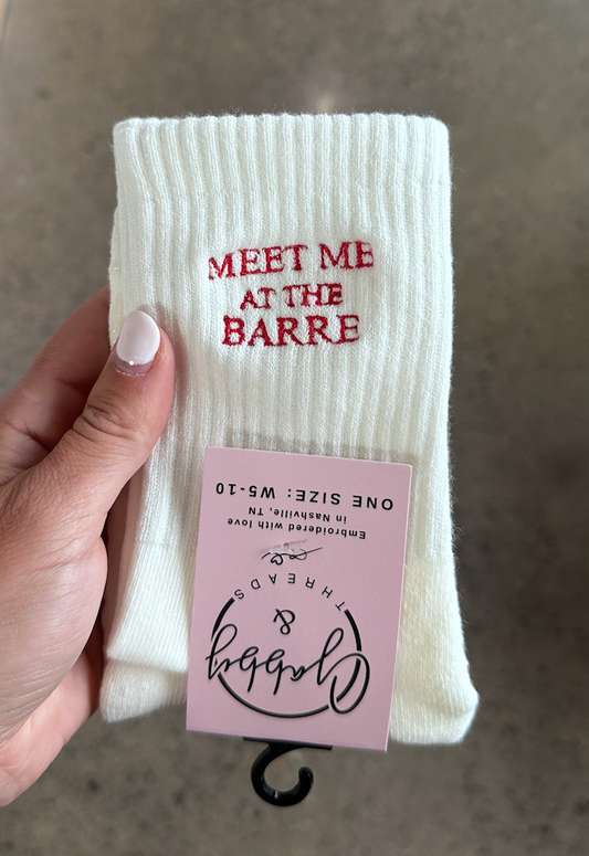 GRIP SOCKS - "MEET ME AT THE BARRE" Socks -Non-slip Embroidered Grip Socks, Fitness Gift for Barre