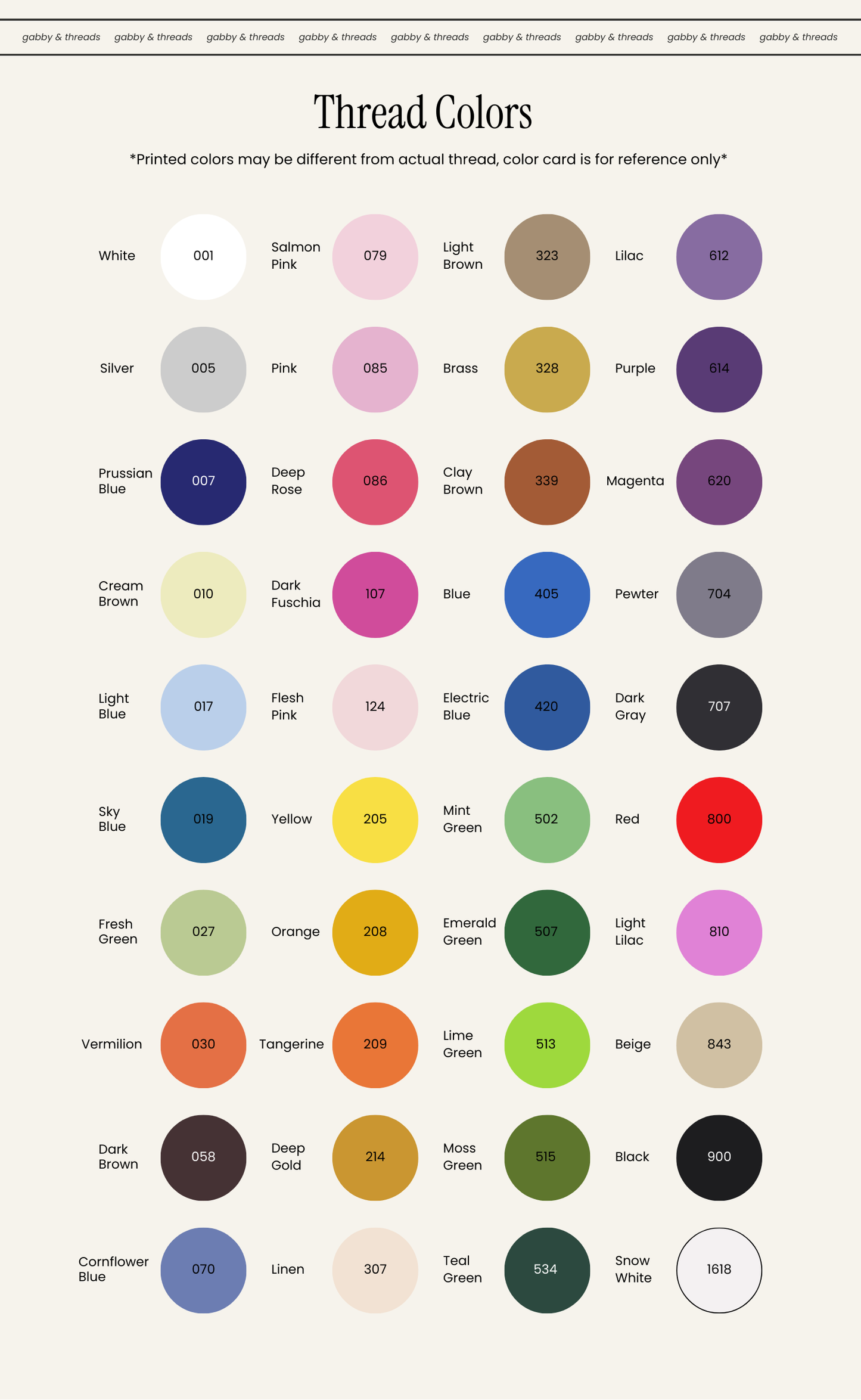 Embroidery Thread Color Chart