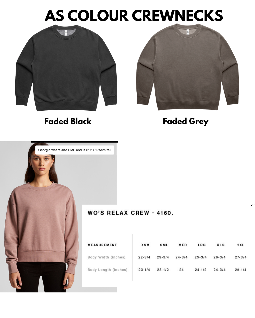 Three sweatshirts labeled 'Faded Black', 'Faded Grey', and a model wearing a pink sweatshirt with measurements below.