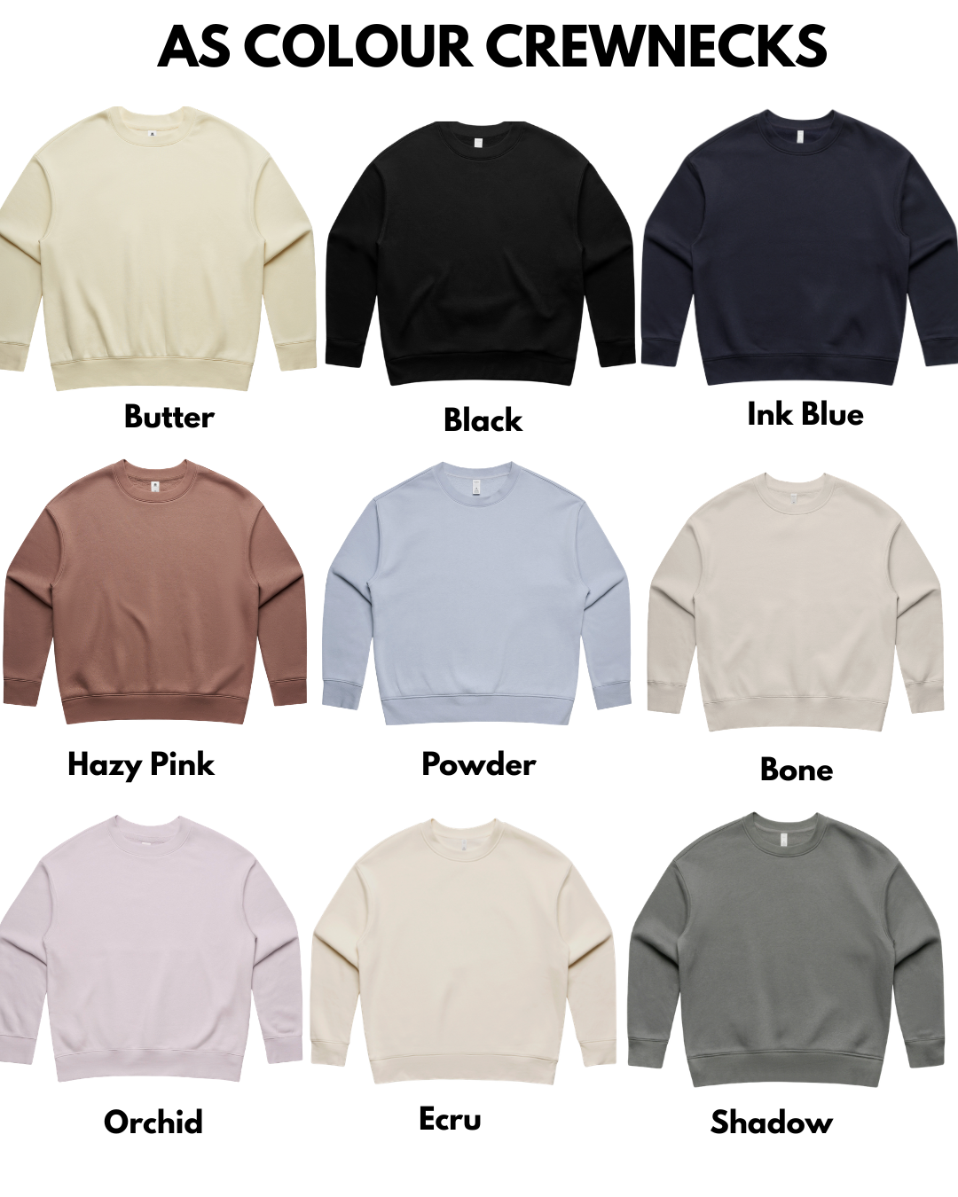 Collection of AS Colour crewnecks in various colors with labels.