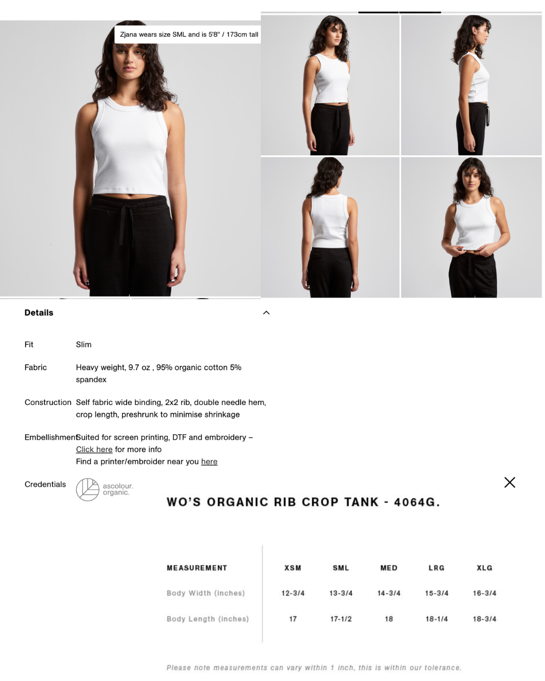 Product page for a white organic rib crop tank top with size chart and details.