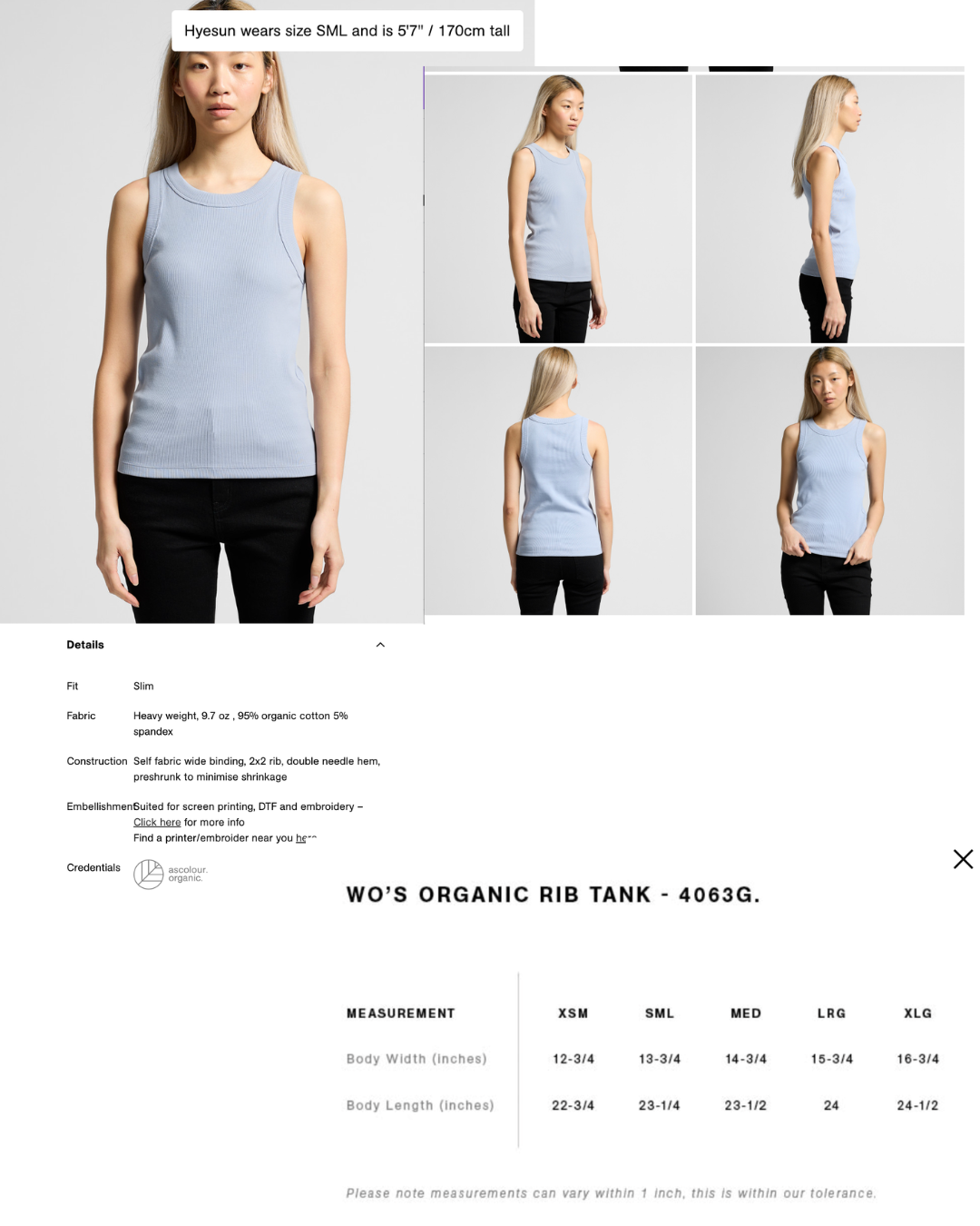 Woman wearing a light blue tank top with size chart and product details on a white background