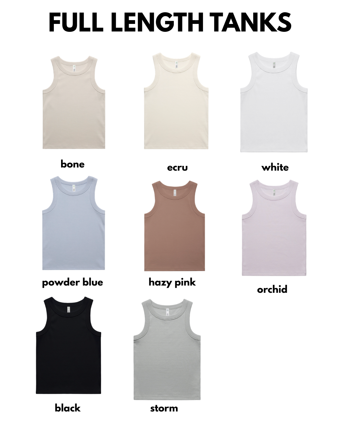 Collection of full-length tanks in various colors on a white background