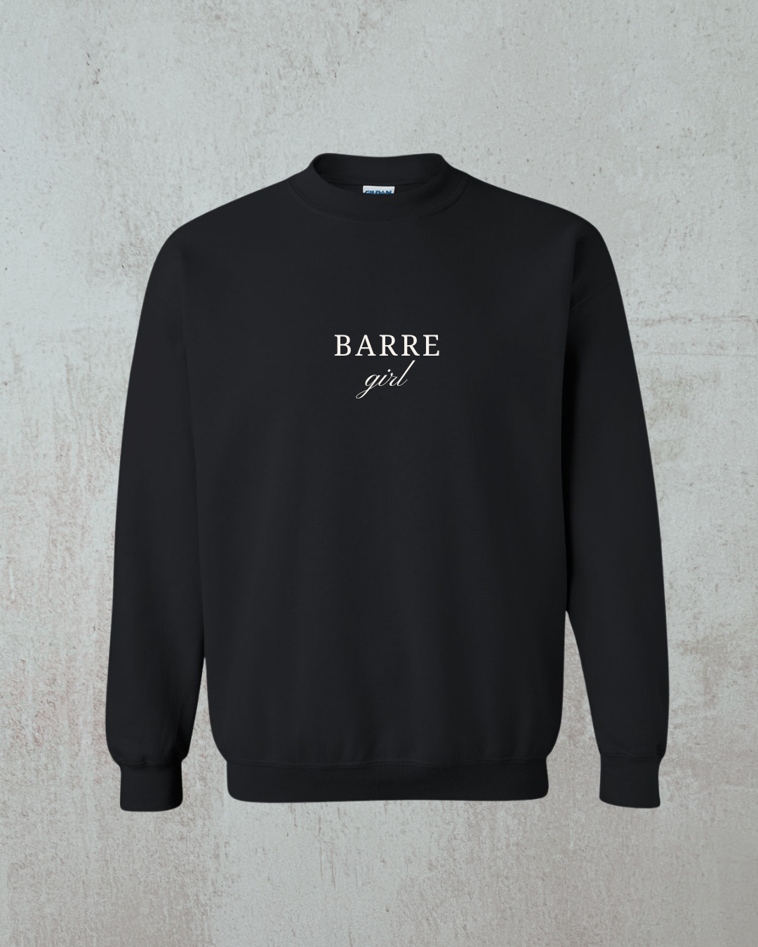 Black sweatshirt with 'BARRE girl' text on a gray background
