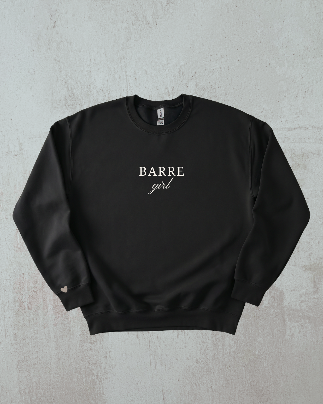 Black sweatshirt with 'BARRE girl' text on a gray background