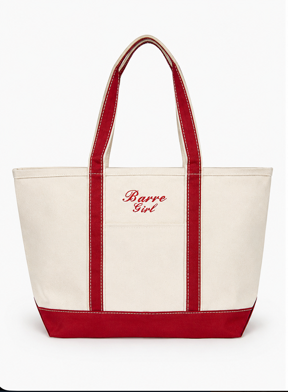 canvas tote bag with red trim with the words "barre girl" embroidered on it in red thread