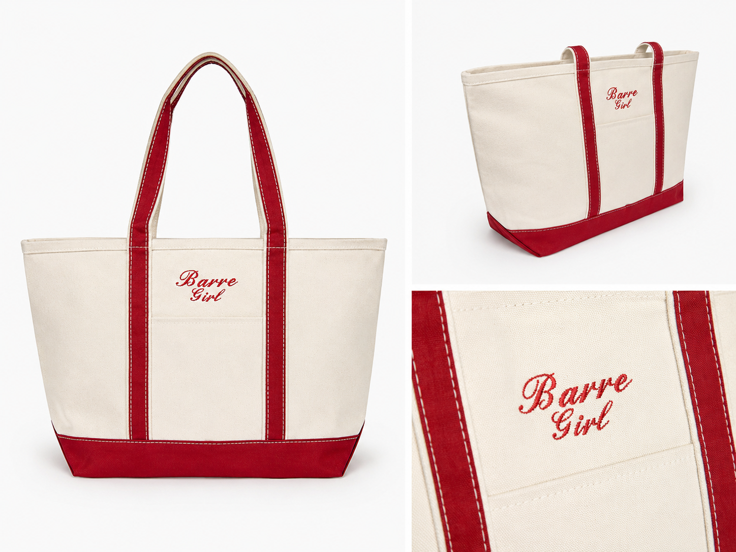 Tote bag with red accents and 'Barre Girl' text embroidered in the center on a white background
