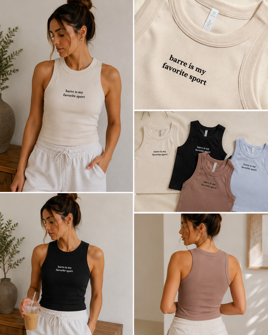 Collage of a woman wearing a tank top with 'barre is my favorite sport' text, along with close-ups of the tank top.