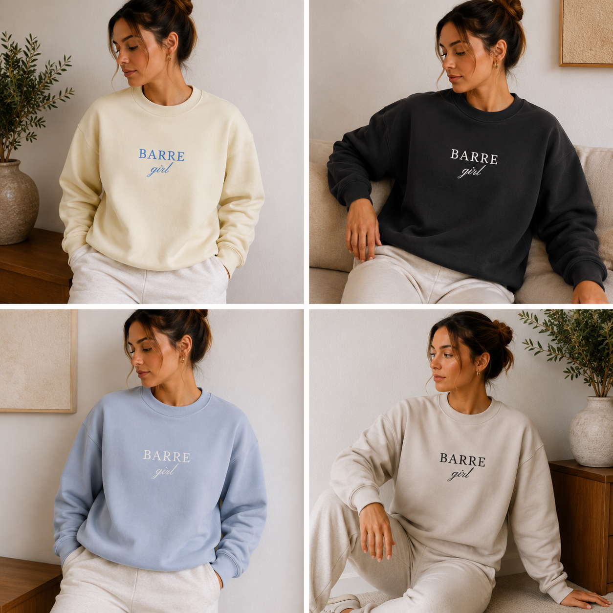 Four different colored sweatshirts with 'BARRE girl' text worn by a woman in various settings.