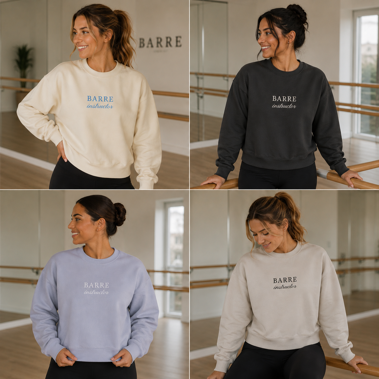four woman are in a barre studio wearing an embroidered crewneck that says barre instructor on it