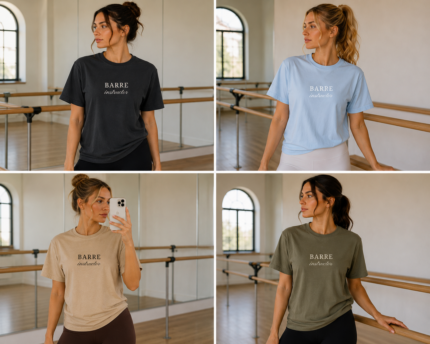 Four images of a woman wearing different colored embroidered 'Barre instructor t-shirts in a barree studio.