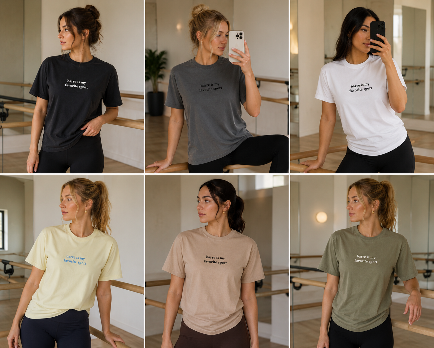 a women is in a barre studio wearing a shirt with the words embroidered "Barre is my favorite sport"