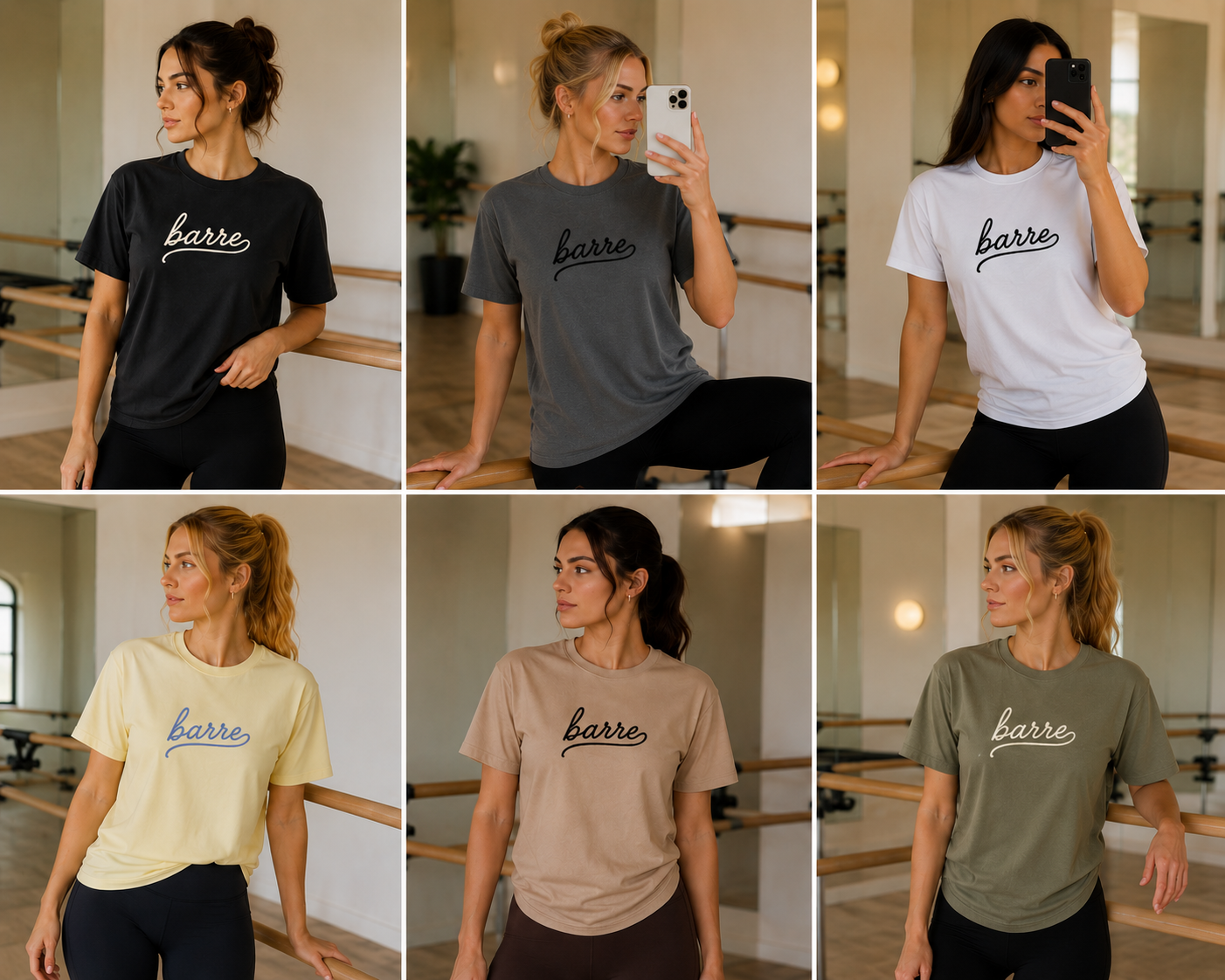 six women in a barre studio wearing an embroidered tshirt that says barre