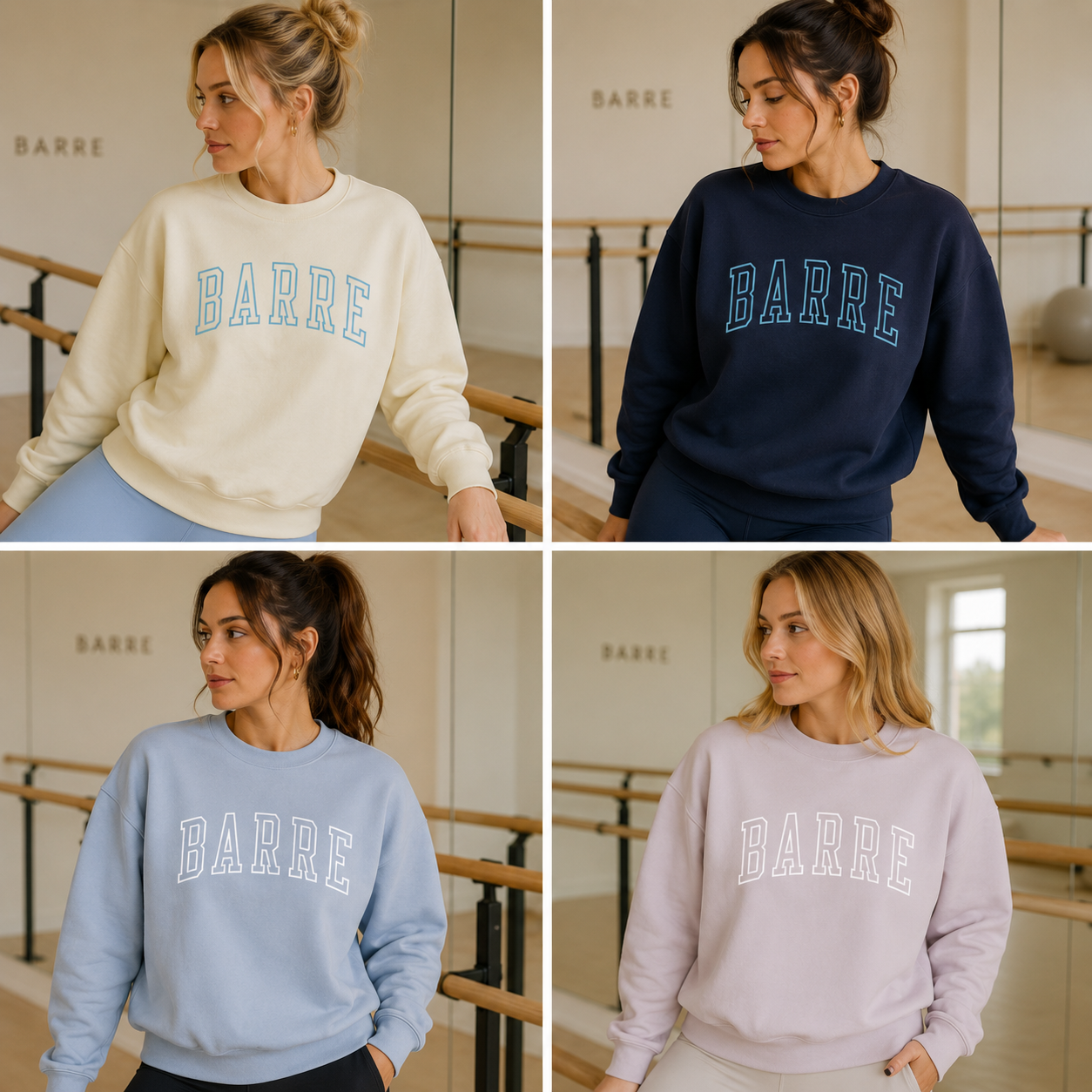 Four women wearing sweatshirts with 'BARRE' text in a dance studio setting.