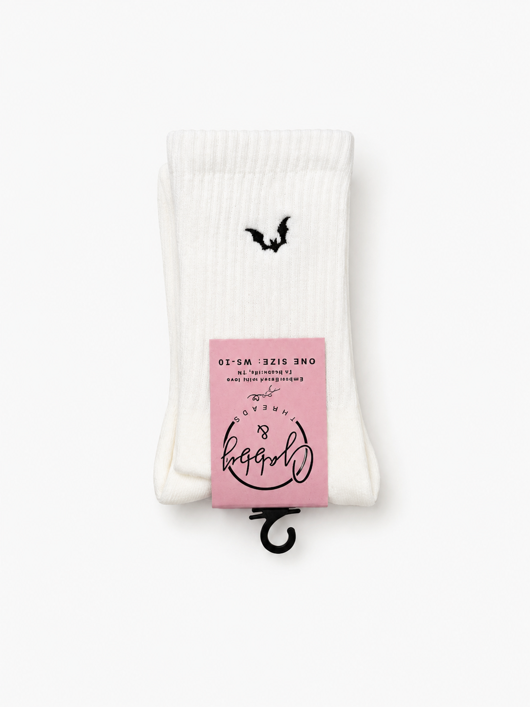 a pair of white socks with a black bat embroidered on it for Halloween