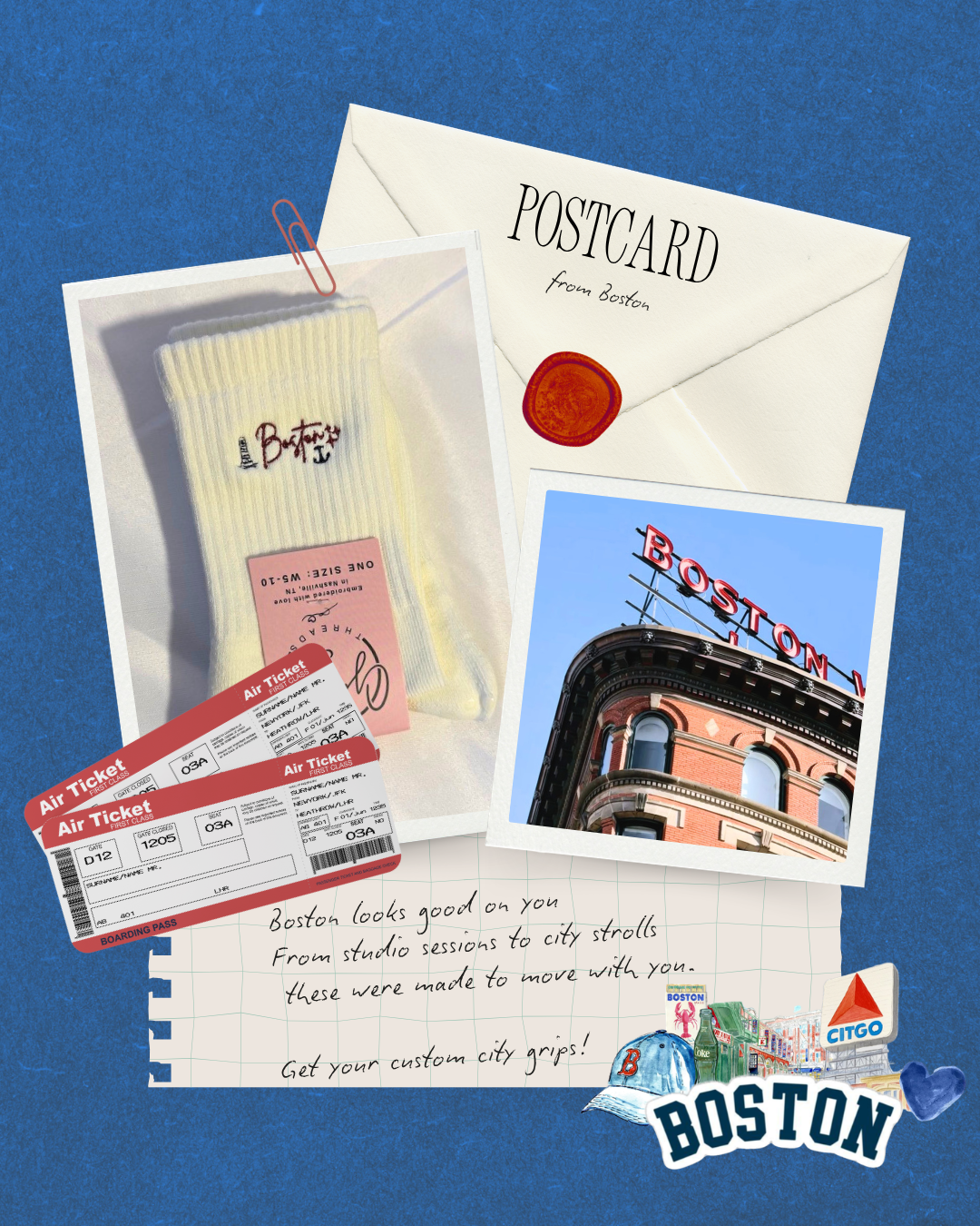 Collage of a postcard from Boston with travel-themed items on a blue background