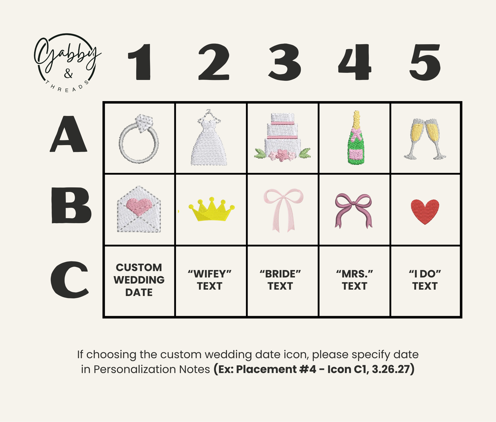 Grid with different wedding and bride themed embroidered icons for tote bag