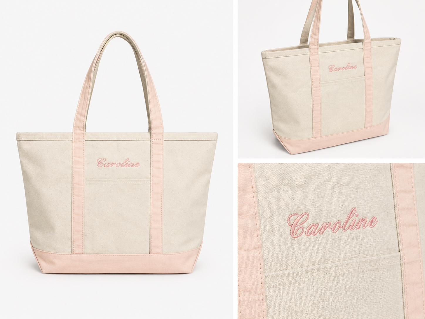 canvas tote bag with pink accents and 'Caroline' embroidery on a white background