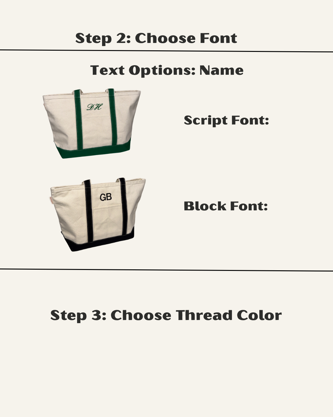Two tote bags with initials on a white background, accompanied by text options for font style and thread color.