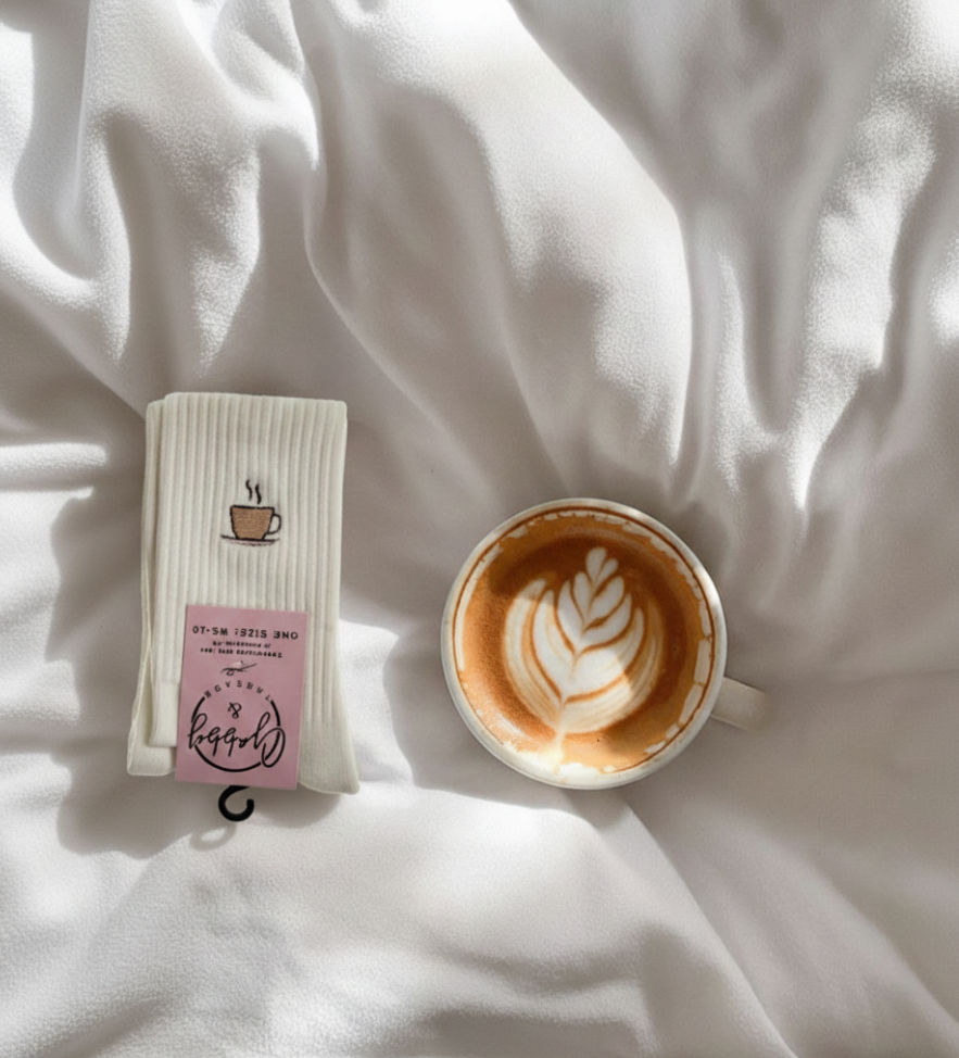 a pair of white grip socks lays on a bed with an embroidered coffee cup. the socks are sitting next to a coffee 