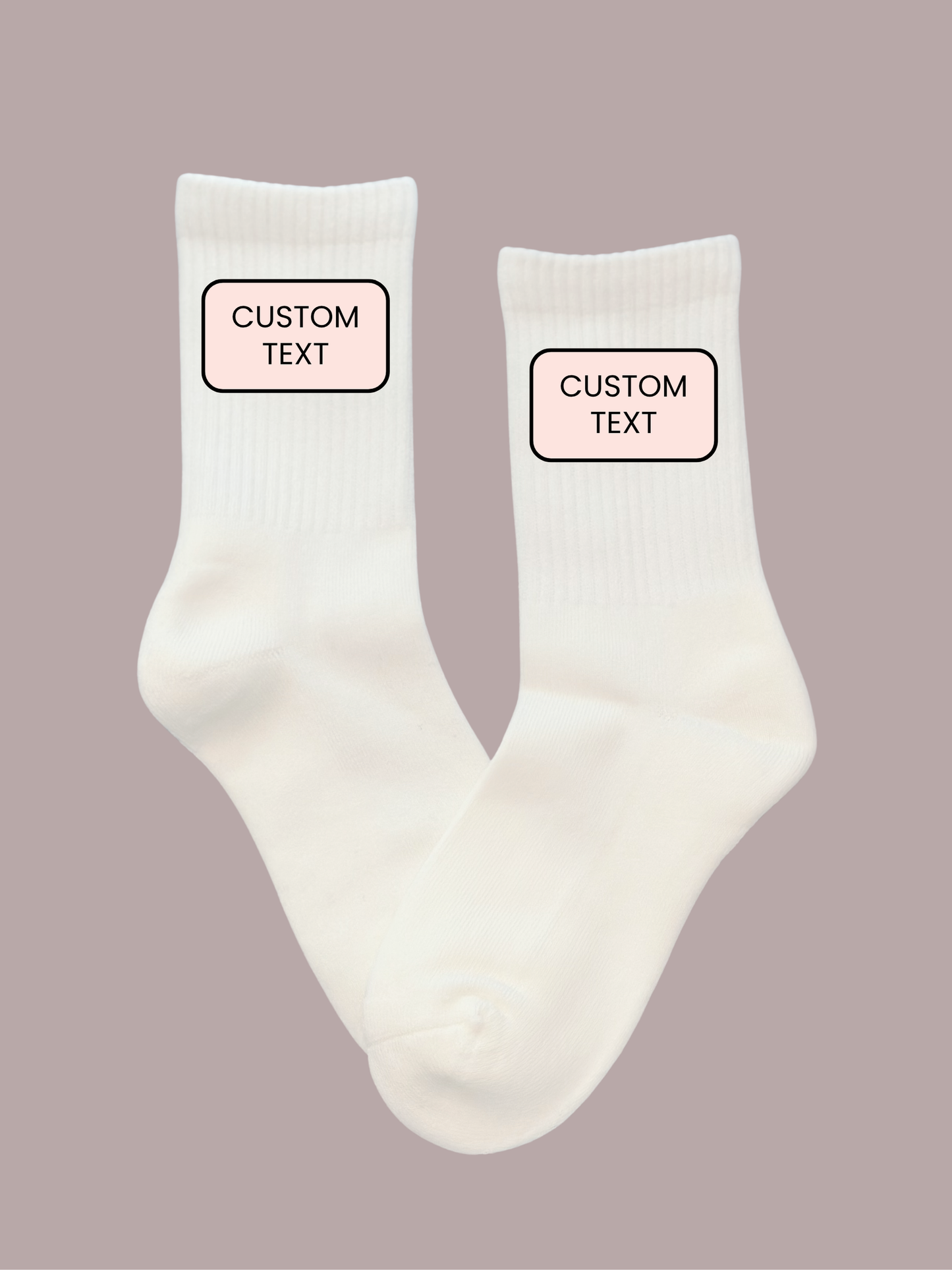 White socks with 'Custom Text' labels on a beige background