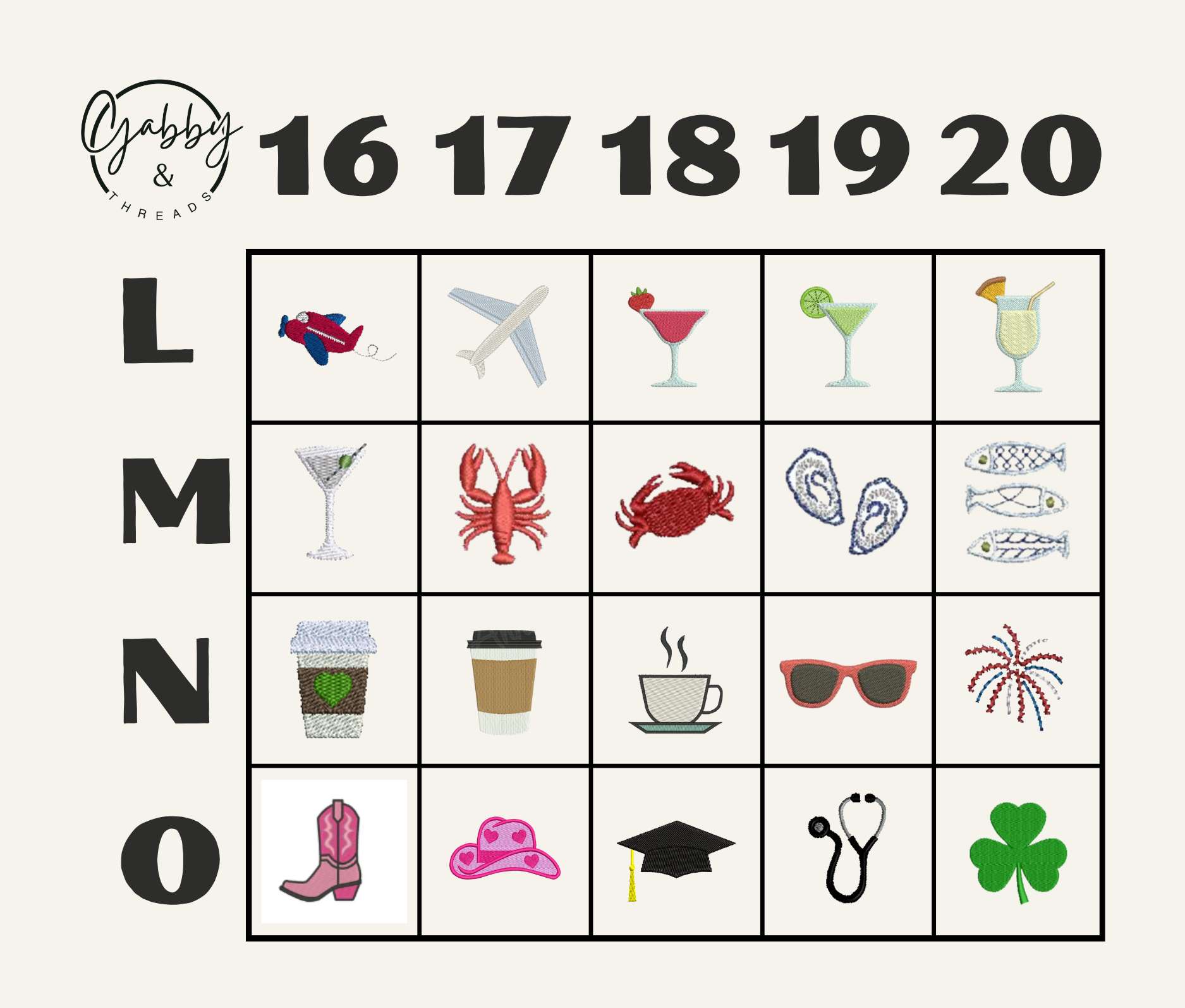 Grid of custom icon options for tote embroidery