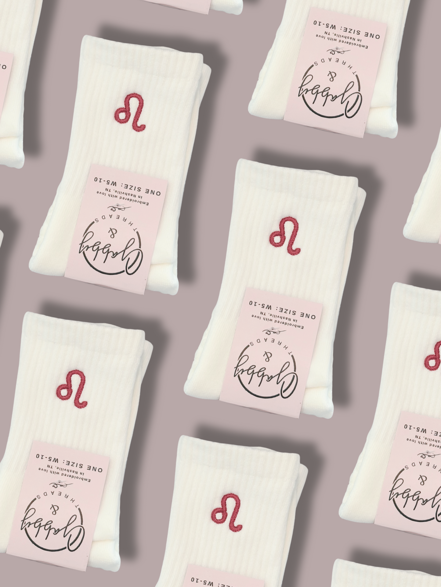 White everyday crew socks with embroidered horoscope sign
