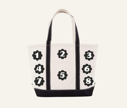 White tote bag with diagram of where icon placement can go