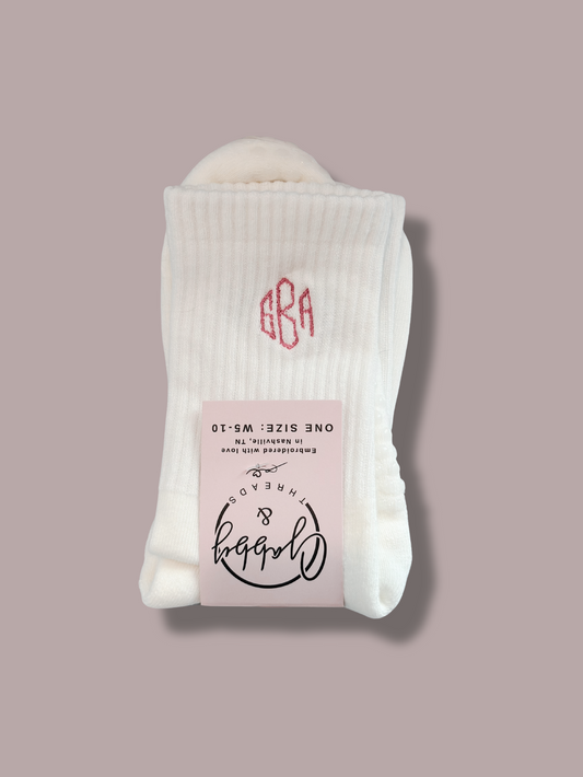 White grip socks with embroidered monogram